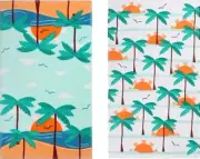 2 DIFFERENT PRINTED TERRY TOWELS (15"x26") SUMMER BEACH, TROPICAL PALM TREES, KO