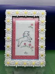 Vintage Framed Crewel Needlework Picture Lamb And Pink Flowers Daisy Frame 5”x7”