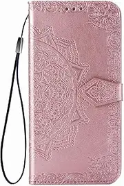 Flip Floral Wallet Case Compatible with iPhone 11 PRO 5.8 inch Case,3D Embossing Datura Mandala Flower,with Wrist Strap and [3-Slots] ID&Credit Cards Pocket Kickstand Holder PU Leather-Rosegold