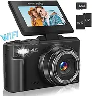 4K Digital Camera for Photography, WiFi 64MP Autofocus Vlogging Camera for YouTube with 3" 180°Flip Screen, 18X Digital Zoom Compact Vlog Travel Camera with 32GB SD Card, Batteries, Black