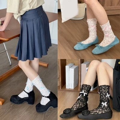 Women Lolitas Crew Socks Bows Sheer Lace Socks Transparents Meshes Ankle Socks