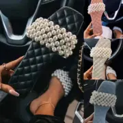 Women Square Open Top Faux Leather Slippers Pearls Beading Strap Slide Sandals
