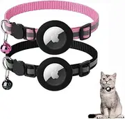 2Pcs Airtag Cat Collar with Breakaway Safety Buckle and Bell for Cats (Black,Pink)
