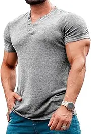 [Aosufei] Men's Crew Neck Slim Fit Solid T-Shirt Button Up Casual T-Shirt Short Sleeves Casual Muscle T-Shirts