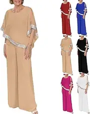 [Generic] Sequins Patchwork Slit Bat Sleeve Long Pants Suits, Women Plus Size 2 Piece Wide Leg Pants Outfit Wedding Guest Sets (Khaki,XXL), Khaki, XX-Large