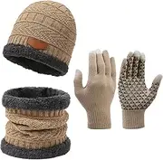[Generic] Beanie Hat Scarf Glove Set - Hat Scarf Glove Set, Warm Beanie Hat, Scarf and Glove Set - Winter Accessories for Men, Women, khaki, Siehe Beschreibung