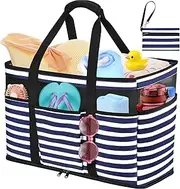 JUYANO Large Beach Bag with Zip, Waterproof Swimming Bag, Beach Bag, XXL Family Beach Bag, Women's Large Travel Bag, Beach Tote Bag, Shopper for Beach, Pool, Gym, Travel, 45 L, blue striped, 50.0 x