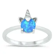 Unicorn Ring Genuine Sterling Silver 925 Blue Lab Opal Face Height 10 mm Size 6