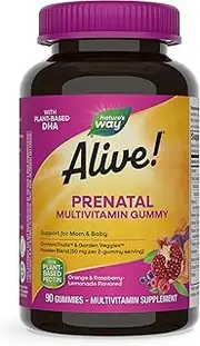 Nature's Way Alive!® Prenatal Gummy Multivitamin with DHA, Fruit and Veggie Blend (50mg per serving), Full B Vitamin Complex, Gluten Free, Made with Pectin, 90 Gummies