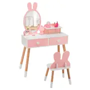 Babyjoy 2-in-1 Kids Dressing Table & Chair Set w/Mirror Makeup Desk Cute Rabbit Pretend Play Vanity Set Pink