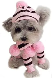 6 PCS Winter Knitted Dog Hat Scarf and Leg Warmer Set Puppy Warm Knitting Hat with Ear Holes Pet Pompom Cap & Collar Christmas Costume Suit for Cats Small Dogs (Pink, XS)