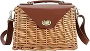 [YAHUAN] Wicker Handbag Straw Purse for Women, Hand Woven Rattan Bag with Leather Strap, Summer Beach Bag with Lining
