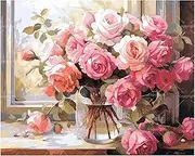 Floral Paint by Numbers Kit for Adults - DIY Pink Roses in Glass Vase On the Terrace Painting on Canvas 16x20 Inches,Acrylic Paint Set,Suitable for Beginners,Romantic Art for Home Decoration