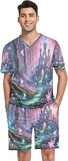 [Joisal] Elves Castle Purple Mens Short Pajamas Set V Neck Mens Loungewear Sets, Men Pijamas