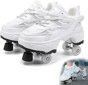 [AMMFIT] Roller Skate Shoes with Brake, Walk Deformation Shoes with Double-Row Wheels for Kids and Adults Technical Skateboarding Shoe with Deformed Wheels,White1-8