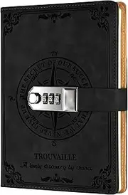 Shesyuki Literary Vintage Leather Notebook with Lock, Embossed Pattern Circle Diary, A5 Combination Lock Notebook for Women and Men