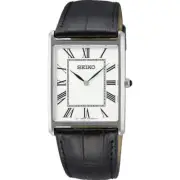 Seiko SWR049P1 Men's Quartz Watch – Silver Rectangular Case, Black Leather Strap