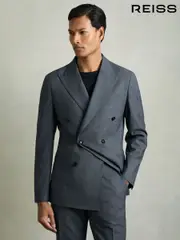 Reiss Airforce Blue Malibu Regular-Fit Double-Breasted Sharkskin Wool-Blend Suit Blazer (AK9830) | $720