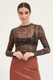 Print Jersey Top Long Sleeve Mesh - Size XS, Women's Top