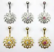 Gold Silver AB Rainbow Pink Sun Flower Floral Charm Gem Navel Belly Ring Bar