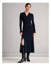[Basque] Button Through Knit Dress in Navy