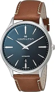 [Hamilton] Watch Jazzmaster Thinline Auto | Swiss Made | 40mm Stainless Steel Case | Blue Dial Analog Watch | Brown Leather Strap (Model: H38525541), Blue, Modern