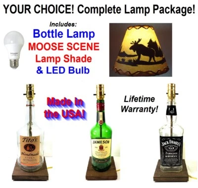 YOUR CHOICE of Liquor Bar Bottle Table LAMP with MOOSE Shade & LED Light Bulb