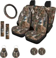 Camo Deer Car Seat Covers Full Set Front Back Split Bench Protector Car Steering