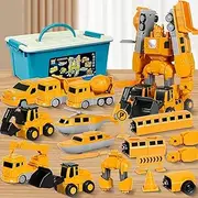 SUPTOP 35pc Magnetic Transform Engineering Car Set - Yellow Construction Toy Vehicle Set for Kids Aged 5-10, Includes Cars, Trucks, Forklifts, Excavators, Robots