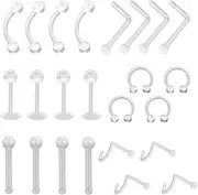 [lafomukea] 24 PCS Clear Piercing Retainers Set, Plastic Nose Rings, Transparent Invisible Eyebrow Horseshoe Ring, One size, PET, No Gemstone