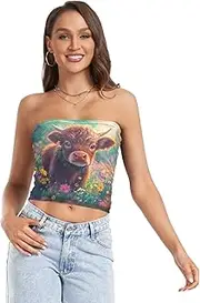 [RPLIFE] Cute Highland Cow Flowers Field Coastal Summer Tops, Strapless Tube Tops for Women, Mesh Tube Tops, Trendy Crop Tops (S)