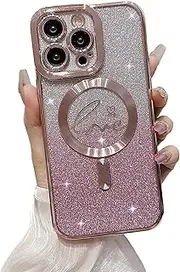aowner for iPhone 15 Magnetic Case Compatible with MagSafe, Luxury Love Heart Pattern Plating Clear Phone Case Camera Protection Glitter for Women Girls Shockproof Slim Back Bumper 6.1"-Pink
