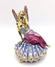 NOS Fairy On A Shell Bejeweled Crystal Trinket Box - Gold Tone Enameled - Boxed