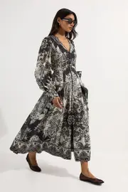 Tile Silk Cotton Plunge Woven Maxi Dress