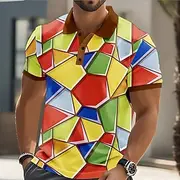 Men's Abstract Geometic Polo Short Sleeve Polo Shirts Collared Shirts Casual Street Athleisure Daily Wear 3D Print Buttons Summer Yellow Purple Gray