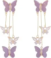 [NORLSO] Purple Butterfly Tassel Style Zircon Earrings for Women Crystal Rhinestone Drop Earrings Long Butterfly Dangle Earrings Wedding Jewelry Gifts for Women