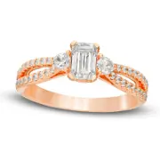 0.88 CT. T.W. Emerald-Cut Natural Diamond Split Shank Engagement Ring in Solid 14K Rose Gold