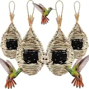 4PCS 24 * 10cm Hand Woven Hummingbird House,Bird Hut and Hummingbird Houses Nest, Small Hanging Bird & Chickadee House for Finch & Canary in Outdoor