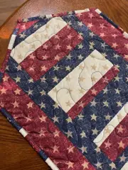 Handcrafted- Quilted Table Runner -Patriotic-RED, WHITE,BLUE-Gold Glitter NEW