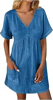 [Generic] Women's Linen Summer Dresses - Plus Size Dress for Women - Solid V Neck Short Sleeve Dress Casual Dress with Pockets Party Dressesplus Size Beach Dresses Elegant Dress Blouse Dress