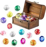 Diving Gem Pool Toy 15 Big Colorful Diamonds Set with Big Treasure Chest Pirate Box Underwater Gem Diving Toys Set Dive Throw Toy Set Swimming training Gift Toy for Summer Swimming Pool Party Supplies