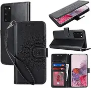 [Cavor] Wallet Case for Samsung Galaxy S20 5G 6.2'' PU Leather Case Magnetic 3D Embossed Flower Women Flip Kickstand with Card Holder Wristlet Hand Strap Protective Cover -Flower Black