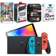 Nintendo Switch Neon Red/Blue OLED + Super Smash Bros. Ultimate + Accessory Kit