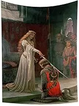YongFoto Knight Oil Painting Tapestry, Medieval England Vintage Leighton Tapestry, Royal Nobility, Queen, Prince, Cavalier, Sword Art Decor for School, Library, Living Room, 100 x 150 cm