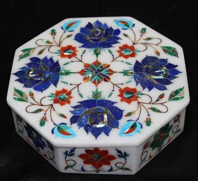 6" white Marble Jewelry trinket Box Inlay Pietra dura mosaic Handmade octagon