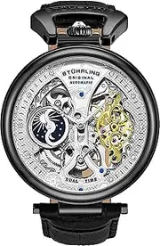 Stührling Original Men's Skeleton Dial Automatic Watch with Calf Leather Strap Dual Time AM/PM Sun Moon