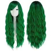 Green Wigs for Women Long Curly Wavy Ombre Green Hair Wig with Bangs Natural Cute Synthetic Wigs for Party Wigs St.Patrick's Day Wigs