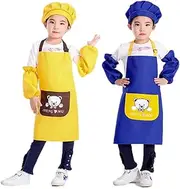 DDJYP Waterproof Toddler Kids Apron with Pockets 2 Pack Cotton Child Art Craft Smock Apron Kitchen Chef Aprons for Cooking Baking Painting(Blue&Yellow), Blue;yellow, M-MEDIUM; 19.3 x 24 inch