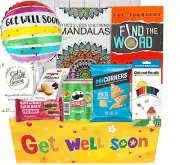 Get Well Gift Basket for Adults and Kids with Balloon, Candy, Snacks & Card