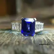 2.45CT Emerald Cut Real Blue Sapphire 14K White Gold FN Engagement Jewelry Ring